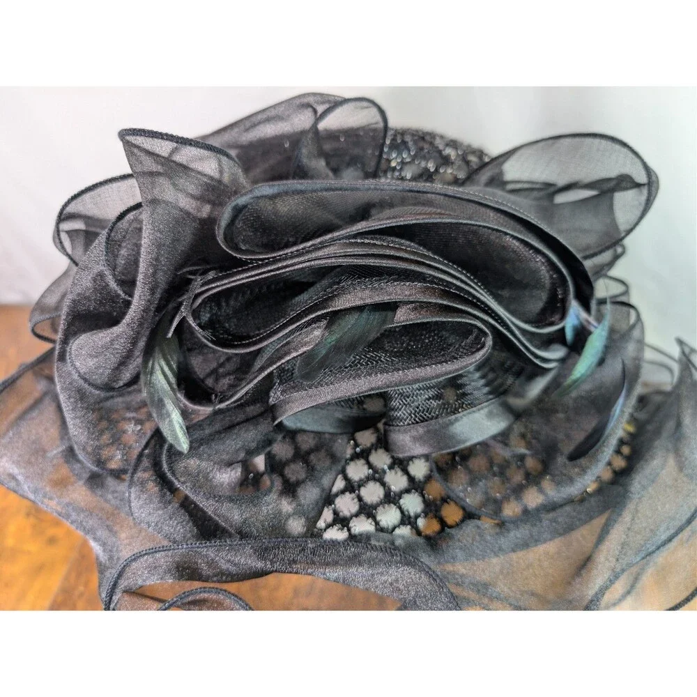 Elegant Black Organza Wide Brim Dress Hat Ruffle Flower Church Kentucky Derby